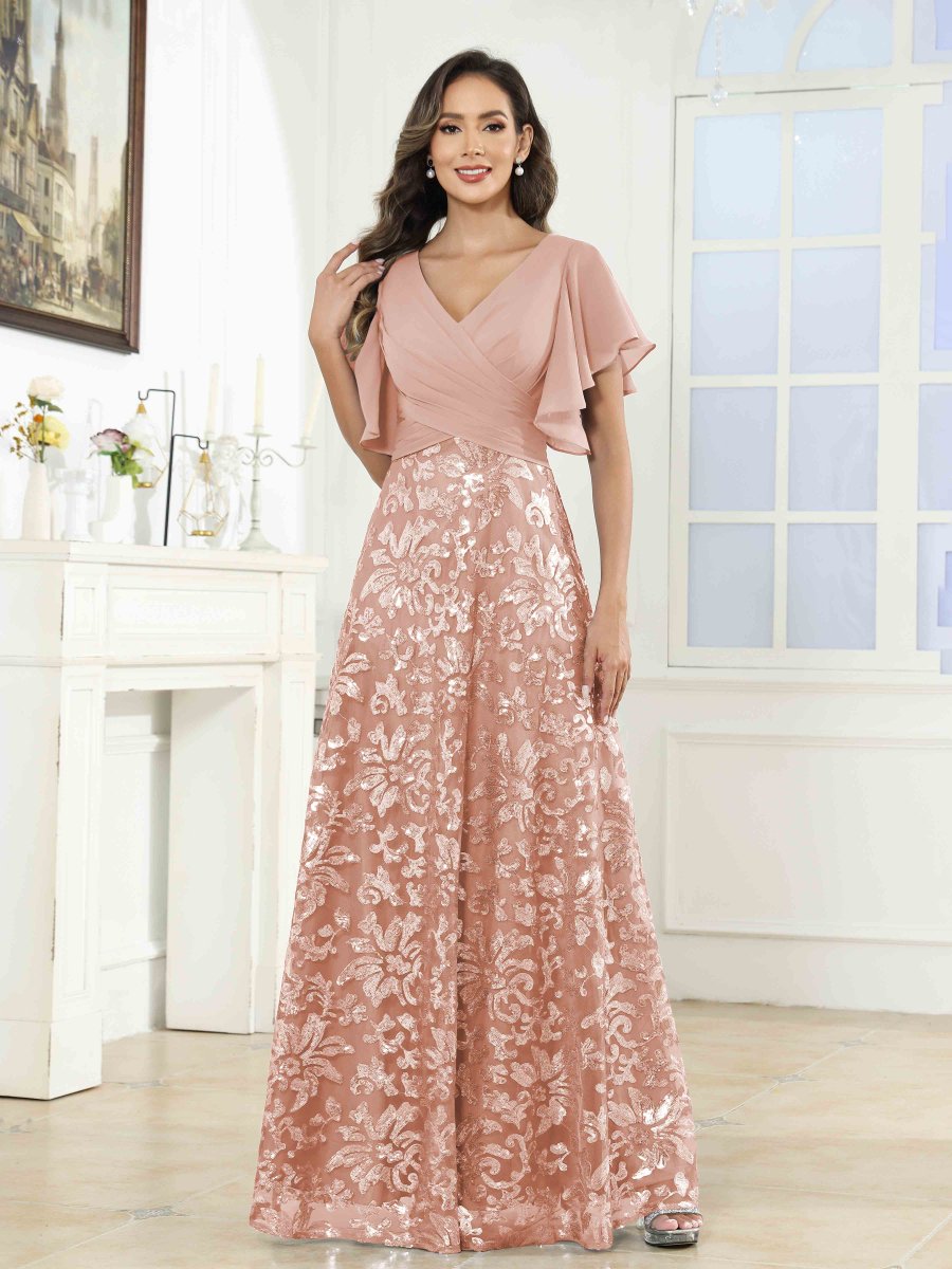 Robes Mère De La Mariée En Pailleté À Manches Courtes Ruché Elliot – Image 2