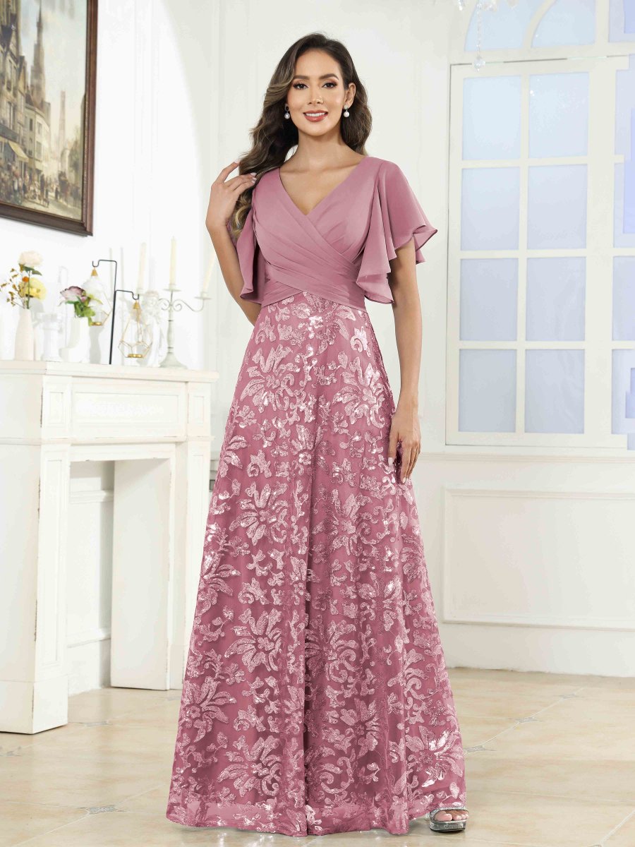 Robes Mère De La Mariée En Pailleté À Manches Courtes Ruché Elliot – Image 4