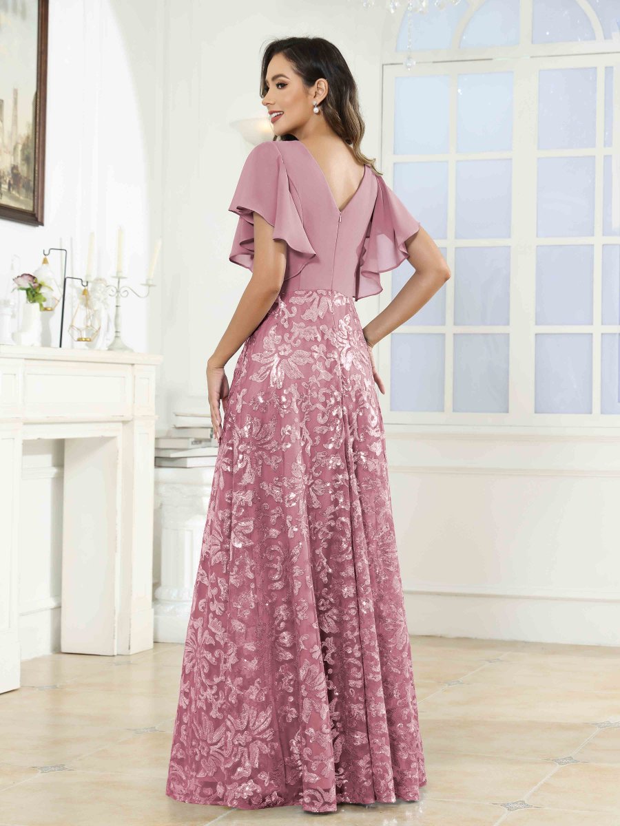 Robes Mère De La Mariée En Pailleté À Manches Courtes Ruché Elliot – Image 5