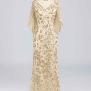 Robes Mère De La Mariée En Pailleté À Pailleté Longue Avec Cape