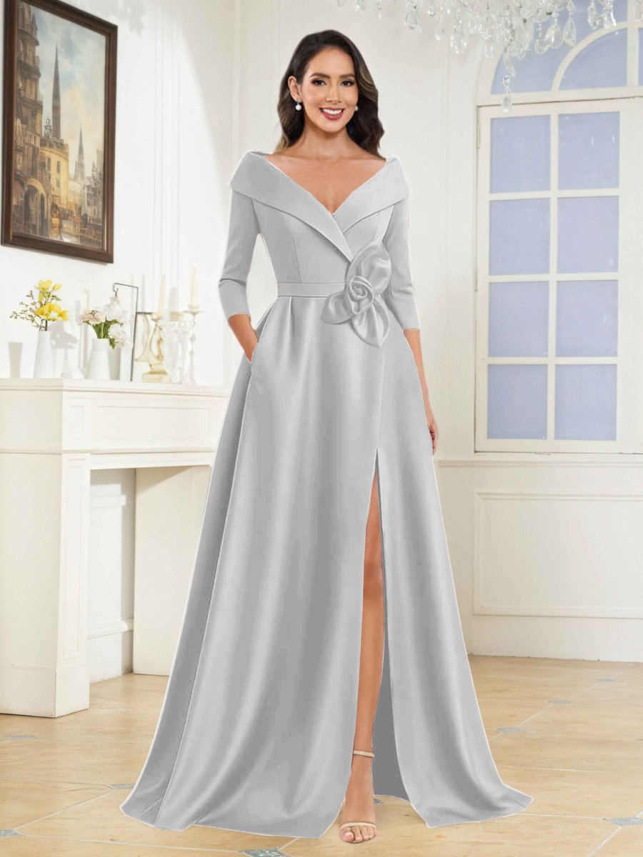 Robes Mère De La Mariée En Satin À Col V Fleur Nouée Avec Poches Katriel – Image 4