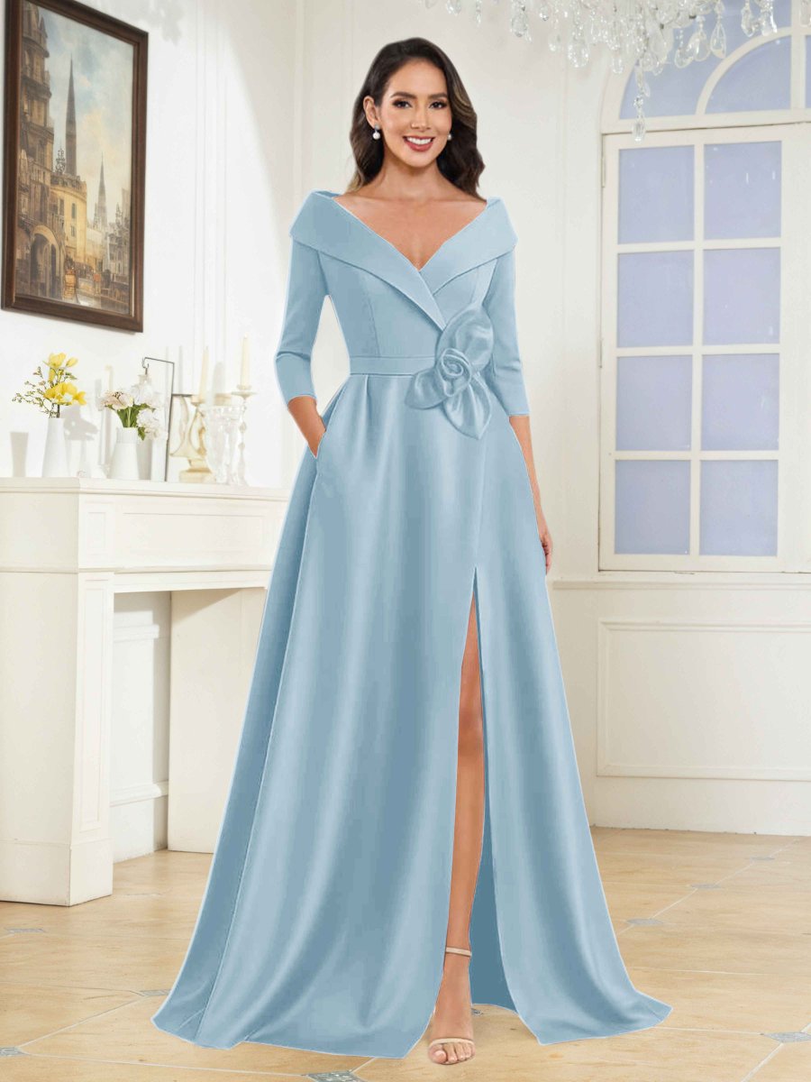 Robes Mère De La Mariée En Satin À Col V Fleur Nouée Avec Poches Katriel – Image 5