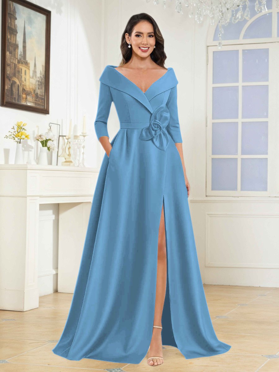 Robes Mère De La Mariée En Satin À Col V Fleur Nouée Avec Poches Katriel – Image 7
