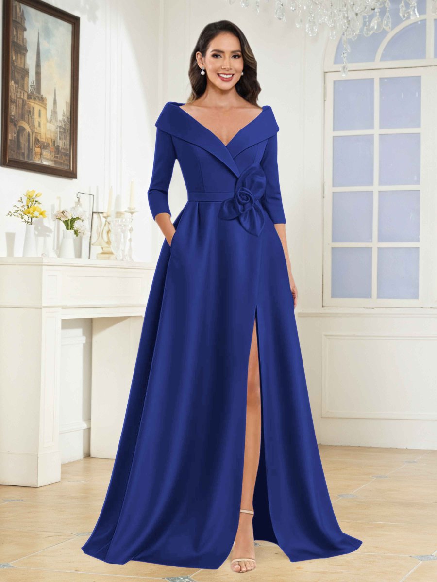 Robes Mère De La Mariée En Satin À Col V Fleur Nouée Avec Poches Katriel – Image 8