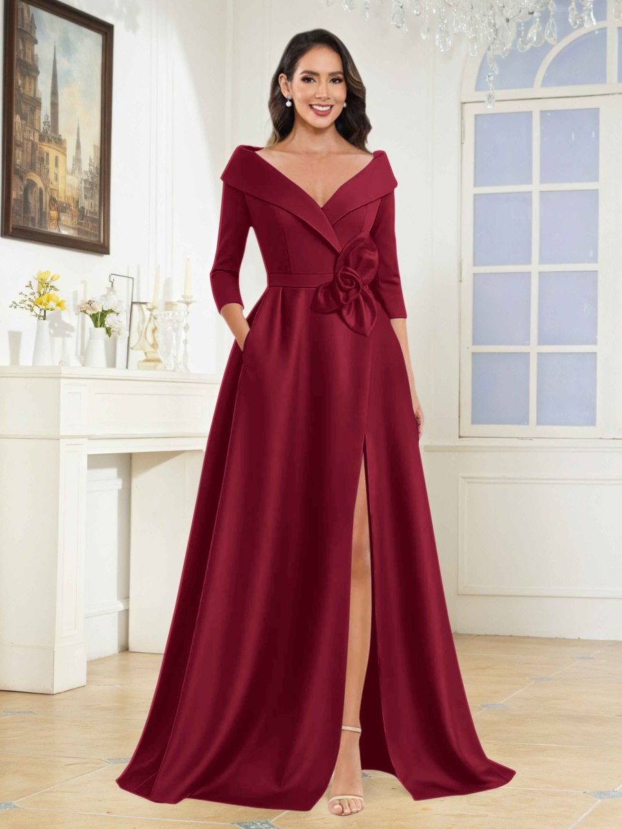 Robes Mère De La Mariée En Satin À Col V Fleur Nouée Avec Poches Katriel – Image 9