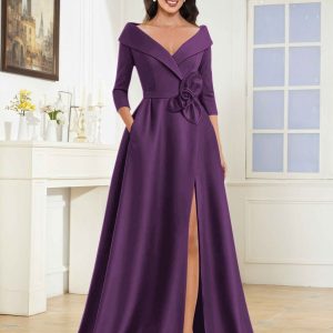 Robes Mère De La Mariée En Satin À Col V Fleur Nouée Avec Poches Katriel