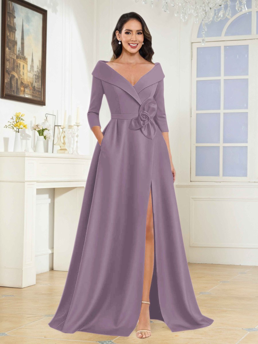 Robes Mère De La Mariée En Satin À Col V Fleur Nouée Avec Poches Katriel – Image 3