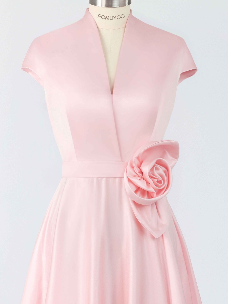 Robes Mère De La Mariée En Satin À Col V Midi Avec Ceinture Fleurie – Image 6