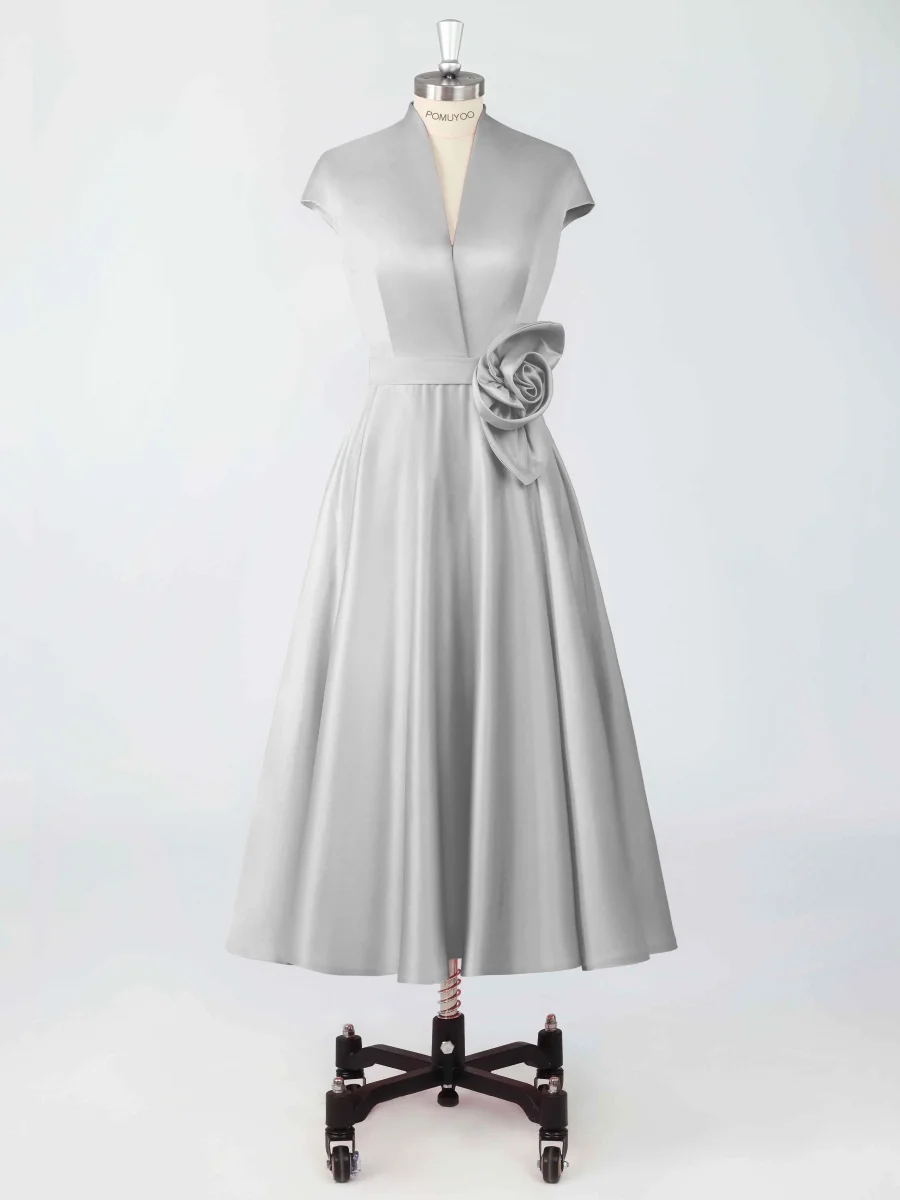 Robes Mère De La Mariée En Satin À Col V Midi Avec Ceinture Fleurie – Image 7