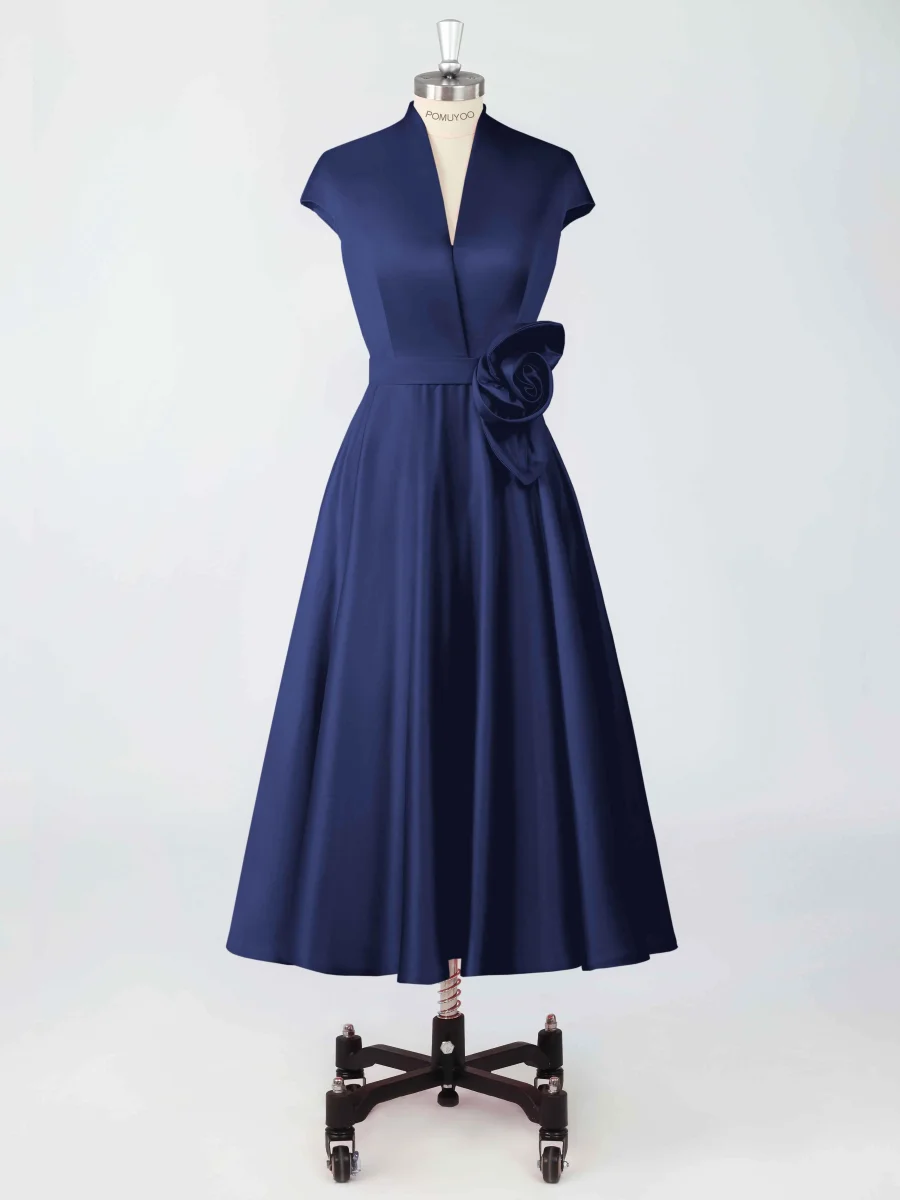 Robes Mère De La Mariée En Satin À Col V Midi Avec Ceinture Fleurie – Image 9