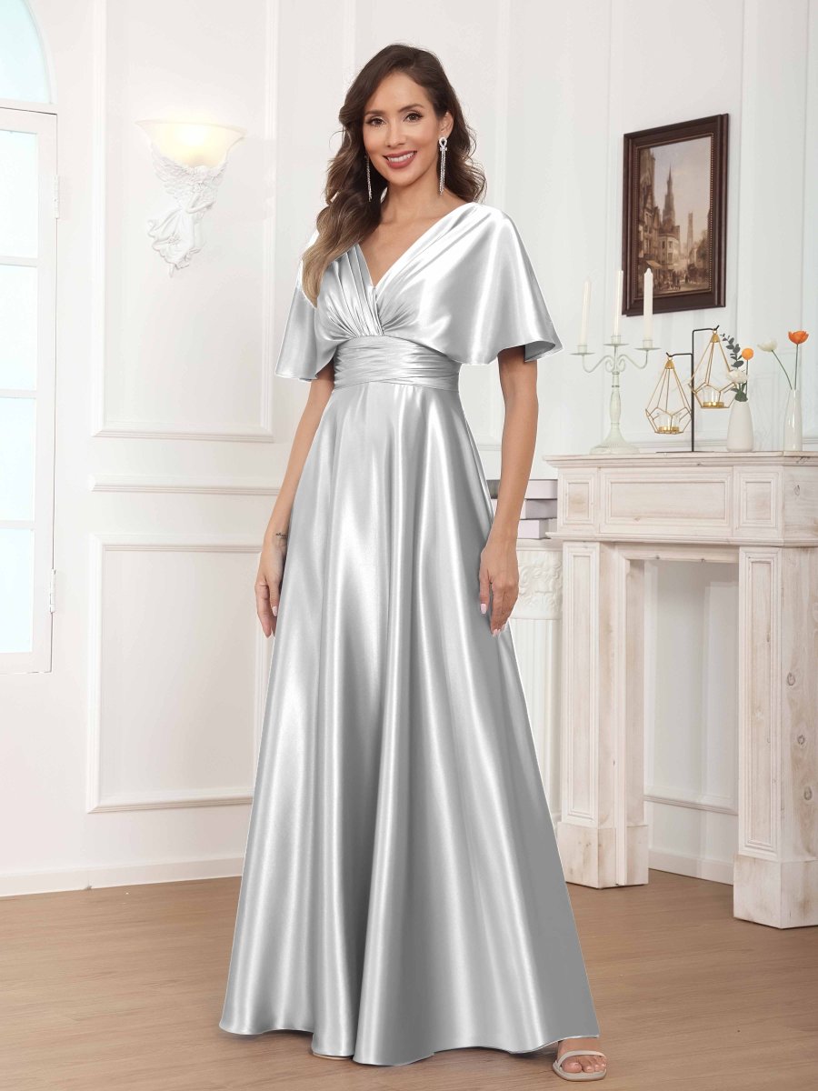 Robes Mère De La Mariée En Satin À Col V Plissé Longue Zephyrine – Image 4