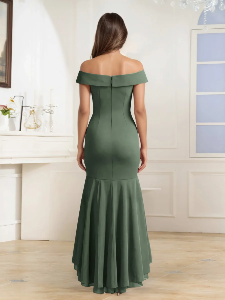 Robes Mère De La Mariée En Satin À Épaules Dénudées Plissé Callista – Image 3