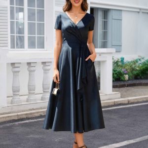 Robes Mère De La Mariée En Satin À Manches Courtes Ruché Oletha