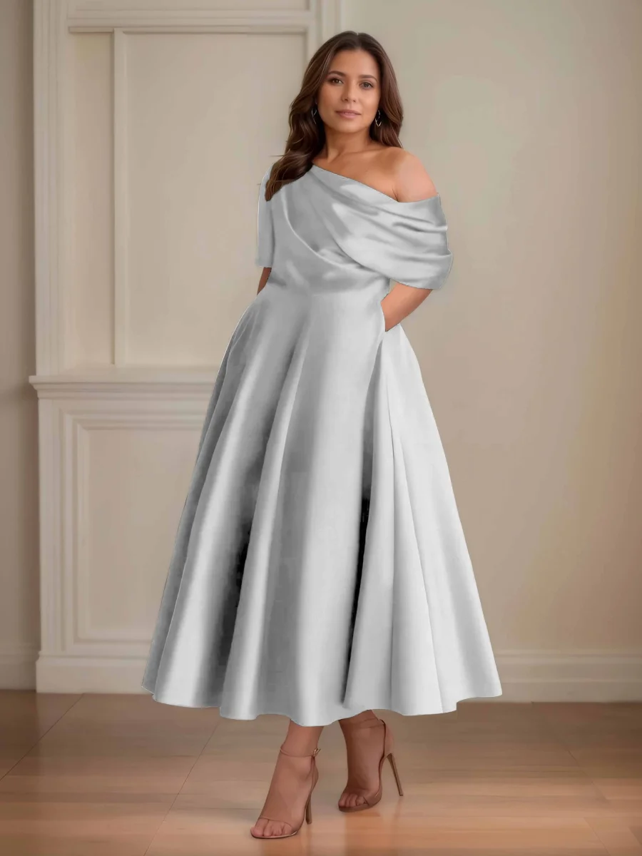 Robes Mère De La Mariée En Satin À Ruché Avec Poches Kenna – Image 3