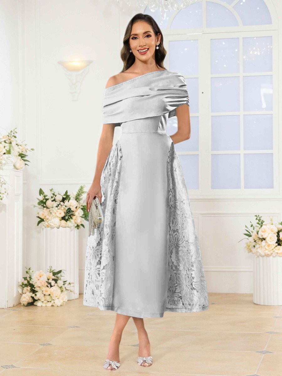 Robes Mère De La Mariée En Satin À Une Épaule Appliqués Midi Jovie – Image 6