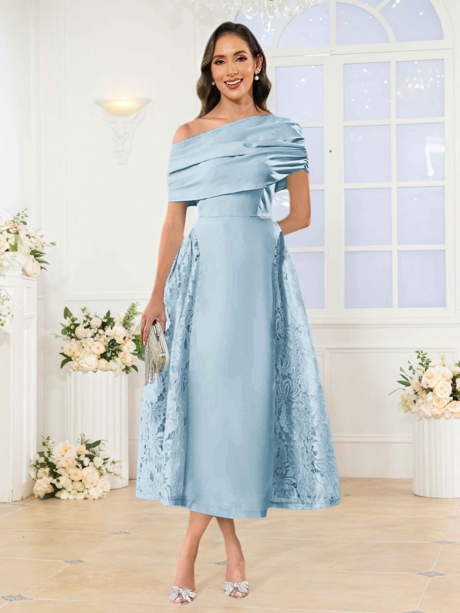 Robes Mère De La Mariée En Satin À Une Épaule Appliqués Midi Jovie – Image 7