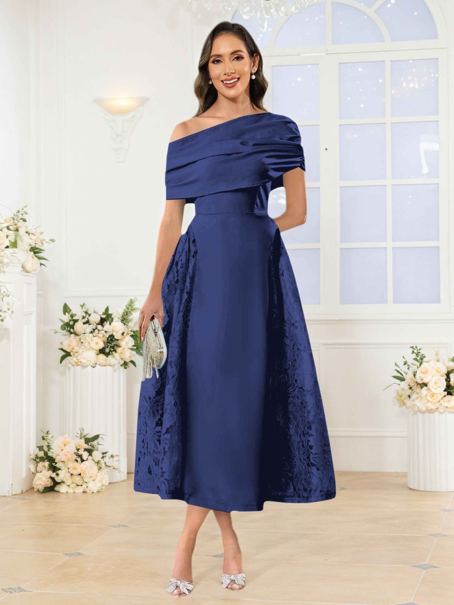 Robes Mère De La Mariée En Satin À Une Épaule Appliqués Midi Jovie – Image 8