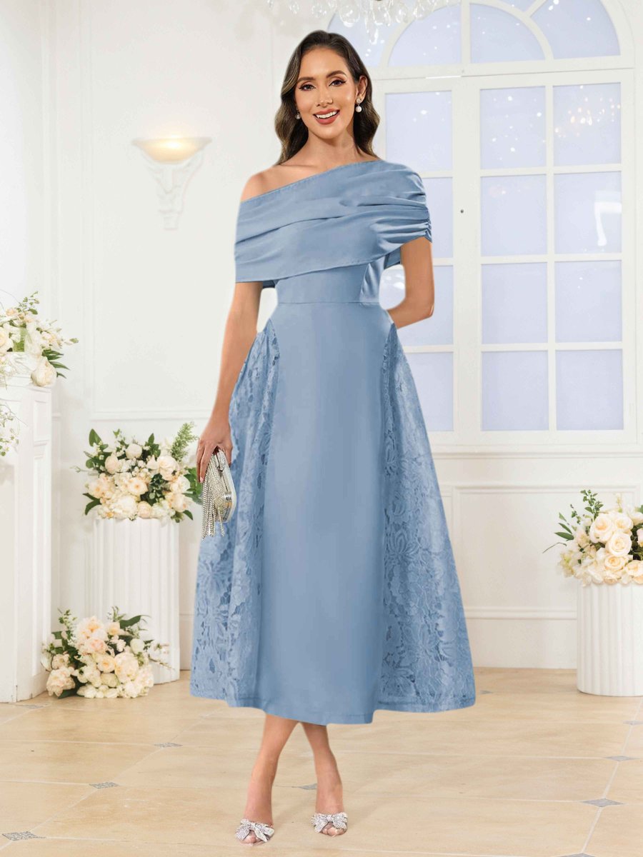 Robes Mère De La Mariée En Satin À Une Épaule Appliqués Midi Jovie – Image 3