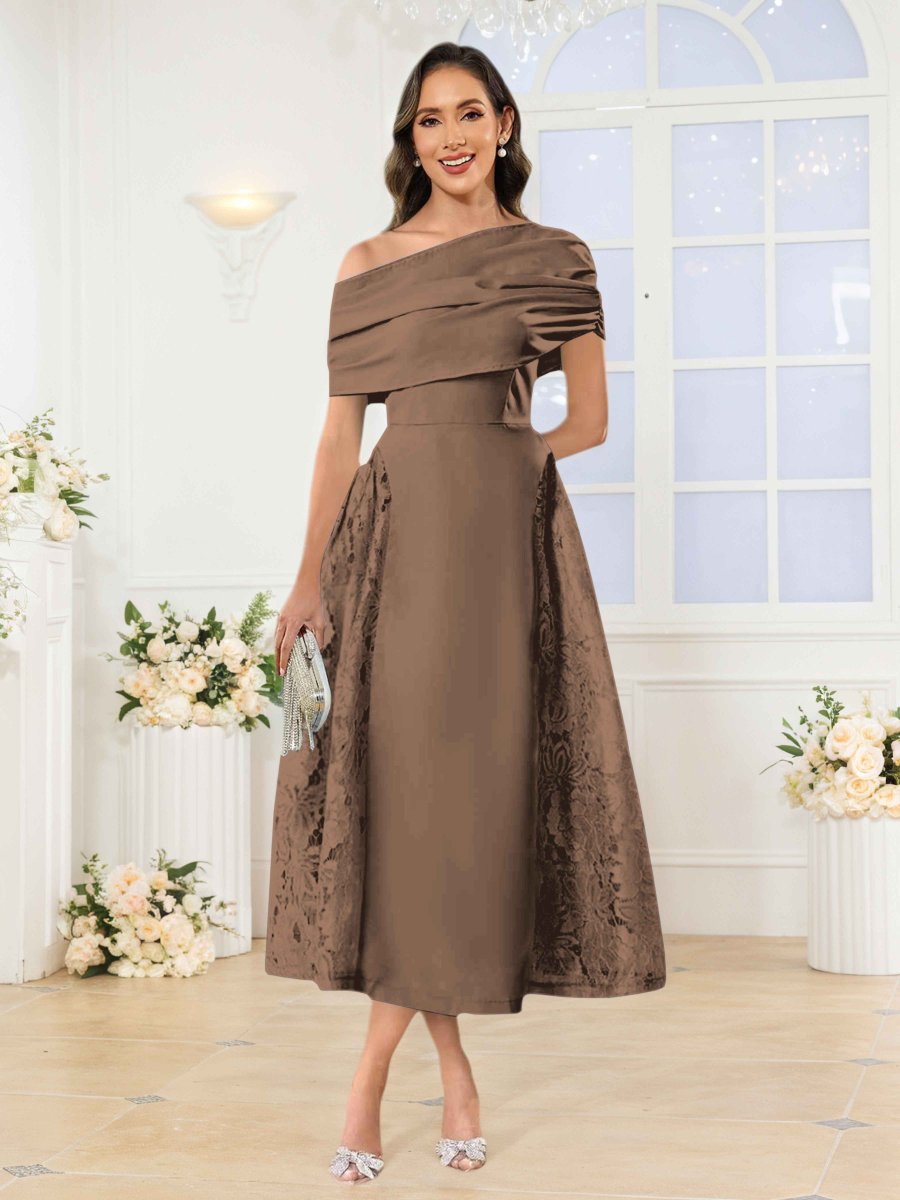 Robes Mère De La Mariée En Satin À Une Épaule Appliqués Midi Jovie – Image 9