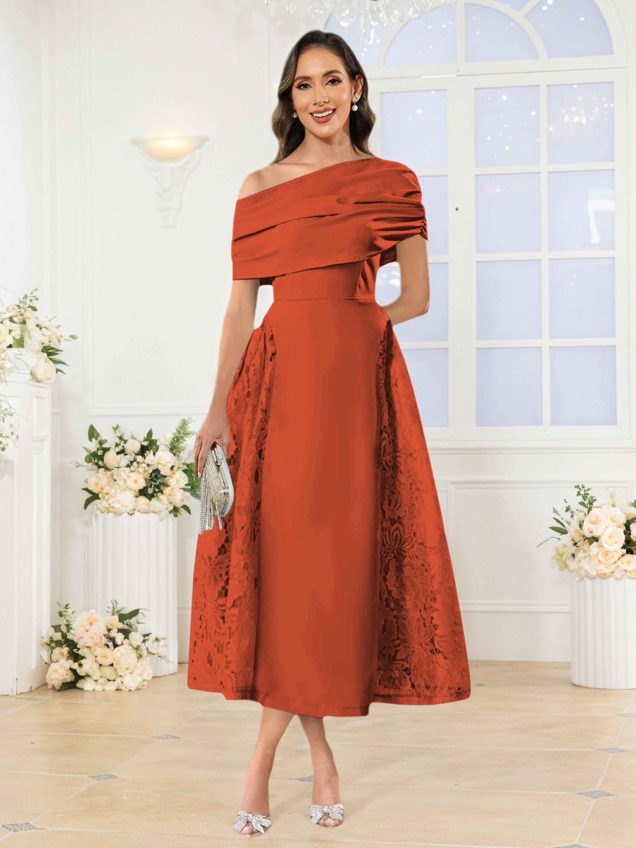 Robes Mère De La Mariée En Satin À Une Épaule Appliqués Midi Jovie