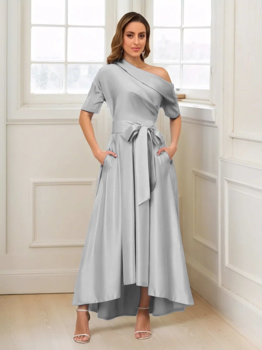 Robes Mère De La Mariée En Satin À Une Épaule Poches Florence – Image 3