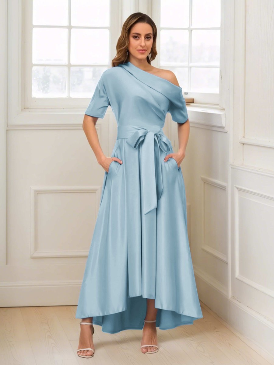 Robes Mère De La Mariée En Satin À Une Épaule Poches Florence – Image 4