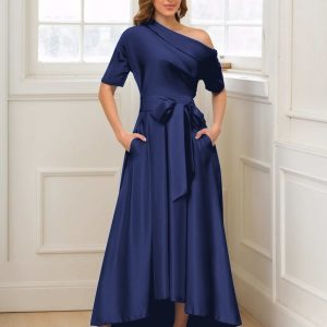 Robes Mère De La Mariée En Satin À Une Épaule Poches Florence