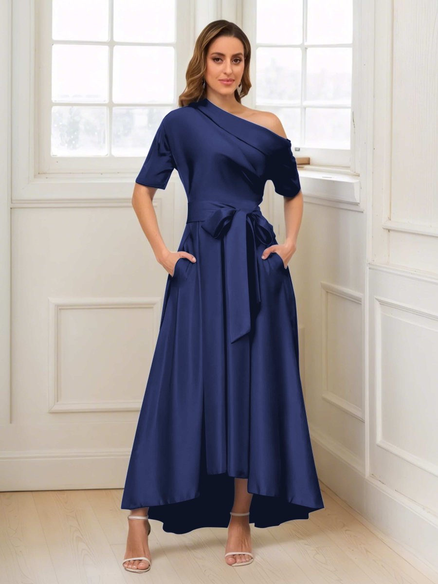 Robes Mère De La Mariée En Satin À Une Épaule Poches Florence – Image 2