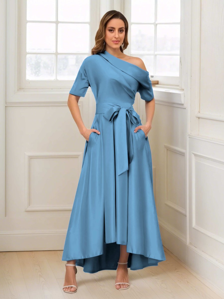 Robes Mère De La Mariée En Satin À Une Épaule Poches Florence – Image 5