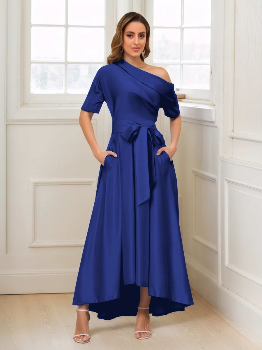 Robes Mère De La Mariée En Satin À Une Épaule Poches Florence – Image 6