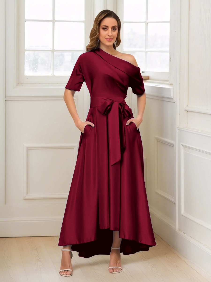 Robes Mère De La Mariée En Satin À Une Épaule Poches Florence – Image 7