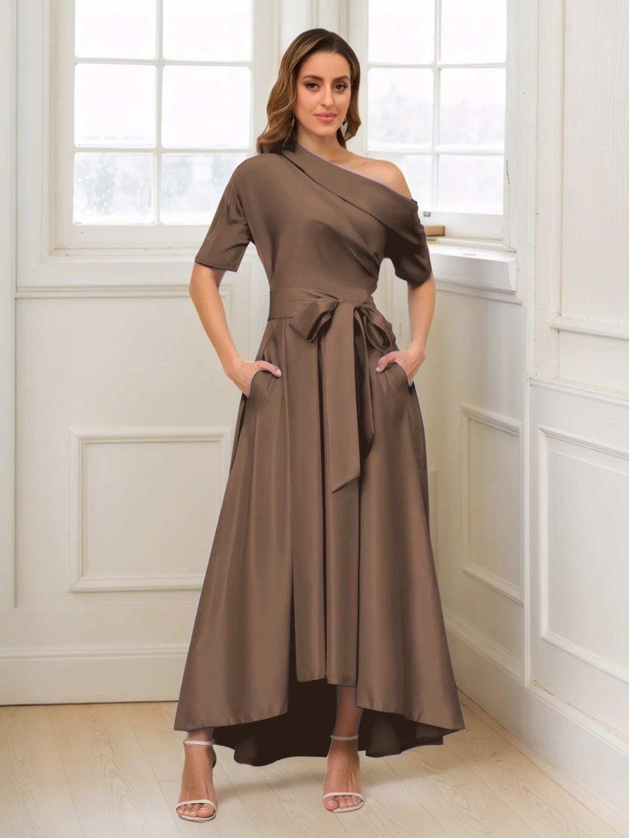 Robes Mère De La Mariée En Satin À Une Épaule Poches Florence – Image 8