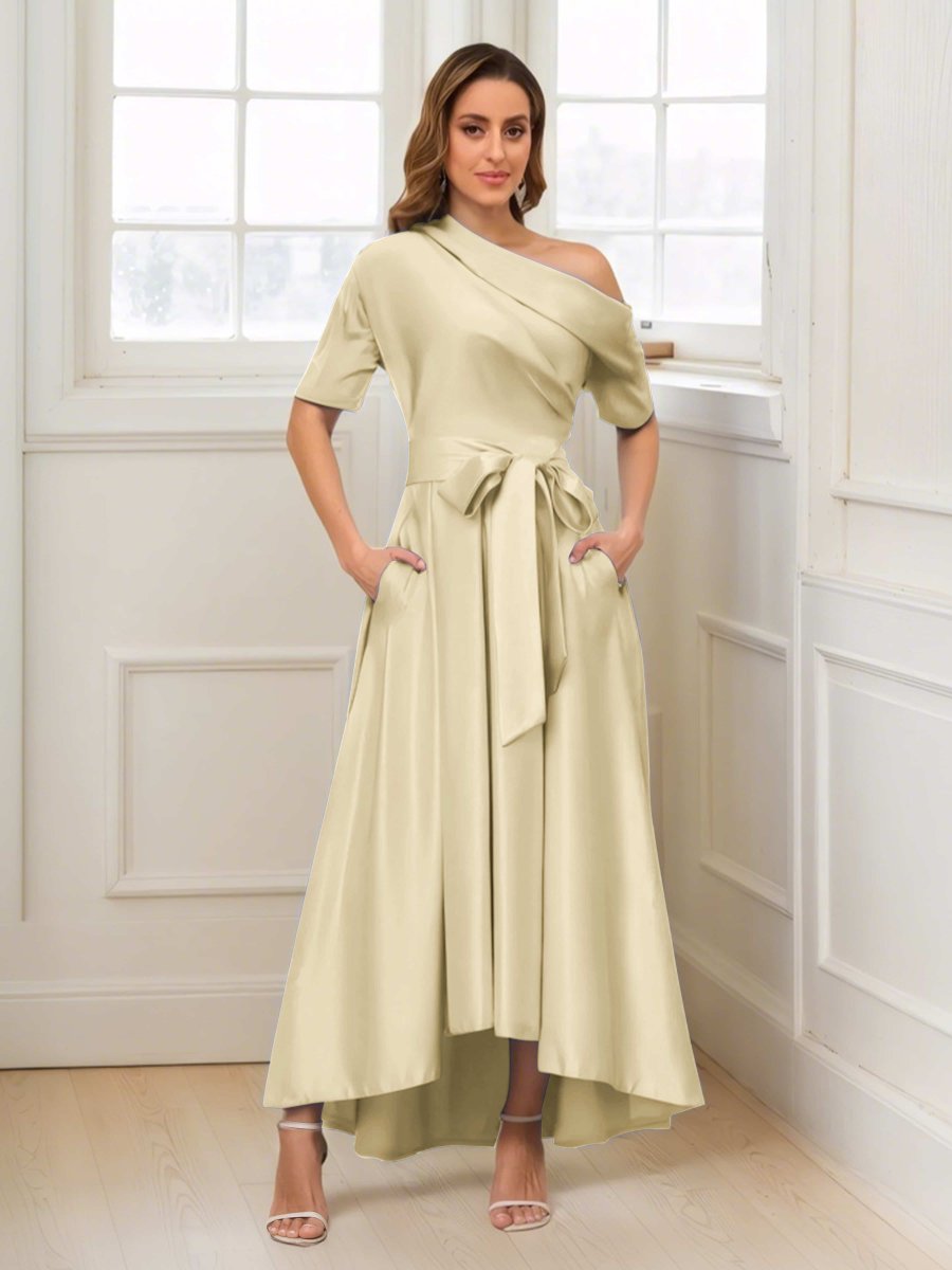 Robes Mère De La Mariée En Satin À Une Épaule Poches Florence – Image 9