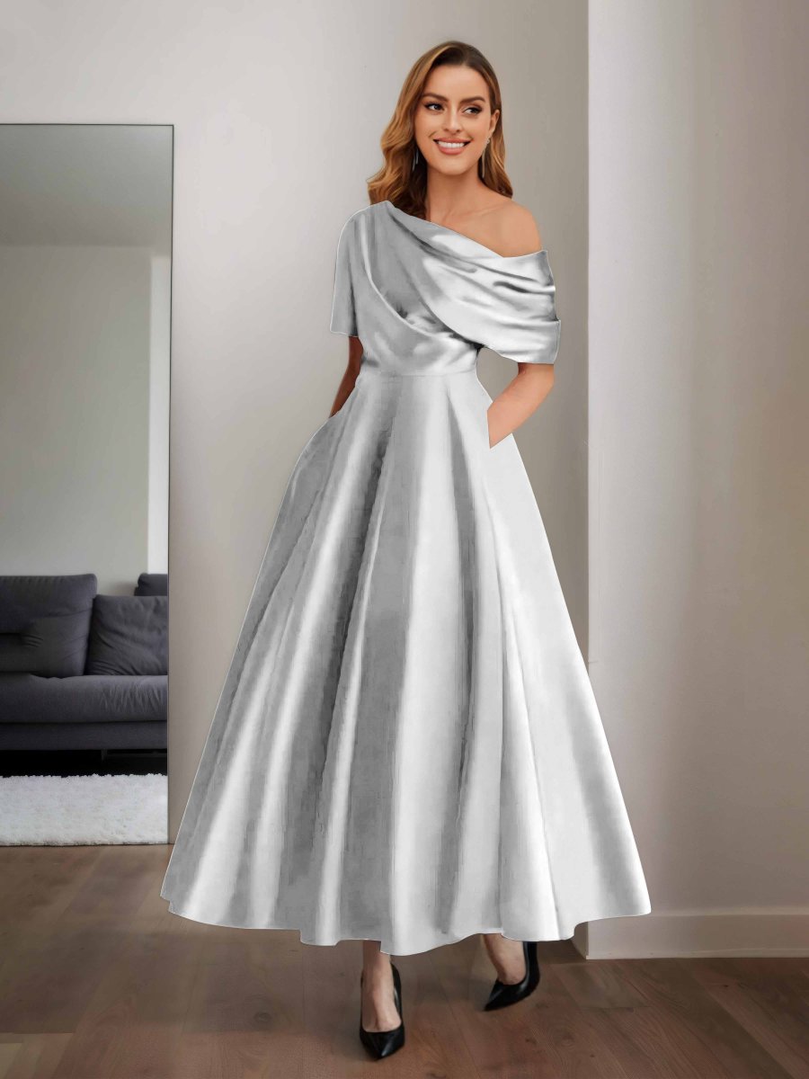 Robes Mère De La Mariée En Satin À Une Épaule Poches Jazmin – Image 3