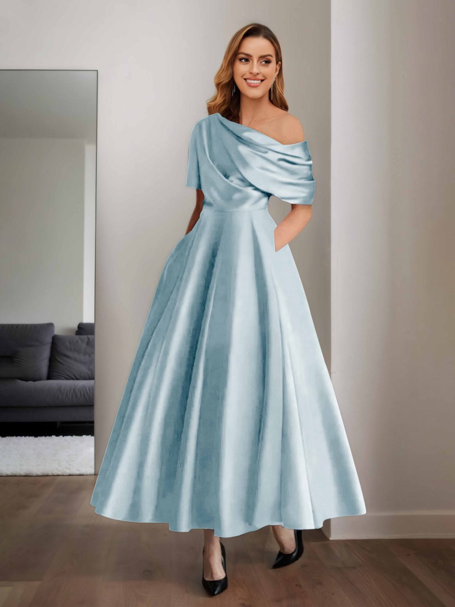 Robes Mère De La Mariée En Satin À Une Épaule Poches Jazmin – Image 4