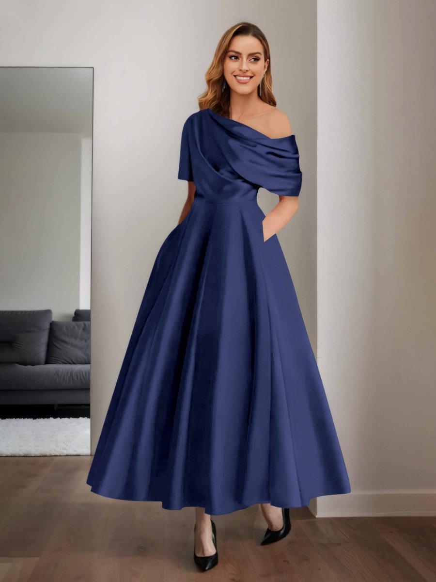 Robes Mère De La Mariée En Satin À Une Épaule Poches Jazmin – Image 5