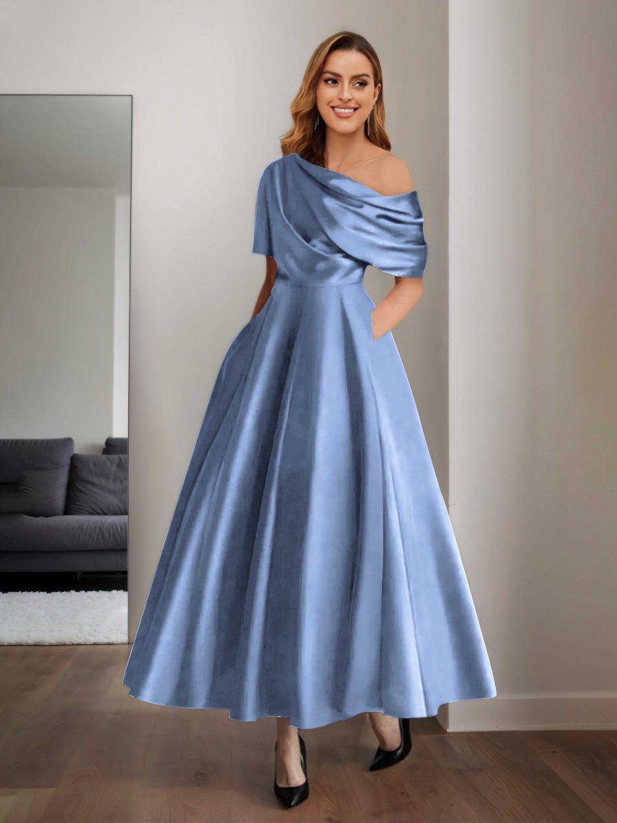 Robes Mère De La Mariée En Satin À Une Épaule Poches Jazmin – Image 6