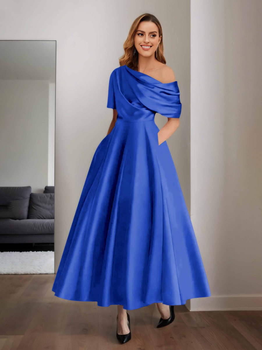 Robes Mère De La Mariée En Satin À Une Épaule Poches Jazmin – Image 7