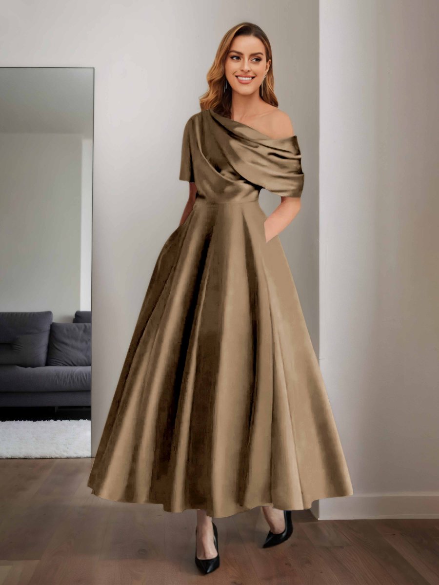 Robes Mère De La Mariée En Satin À Une Épaule Poches Jazmin – Image 8