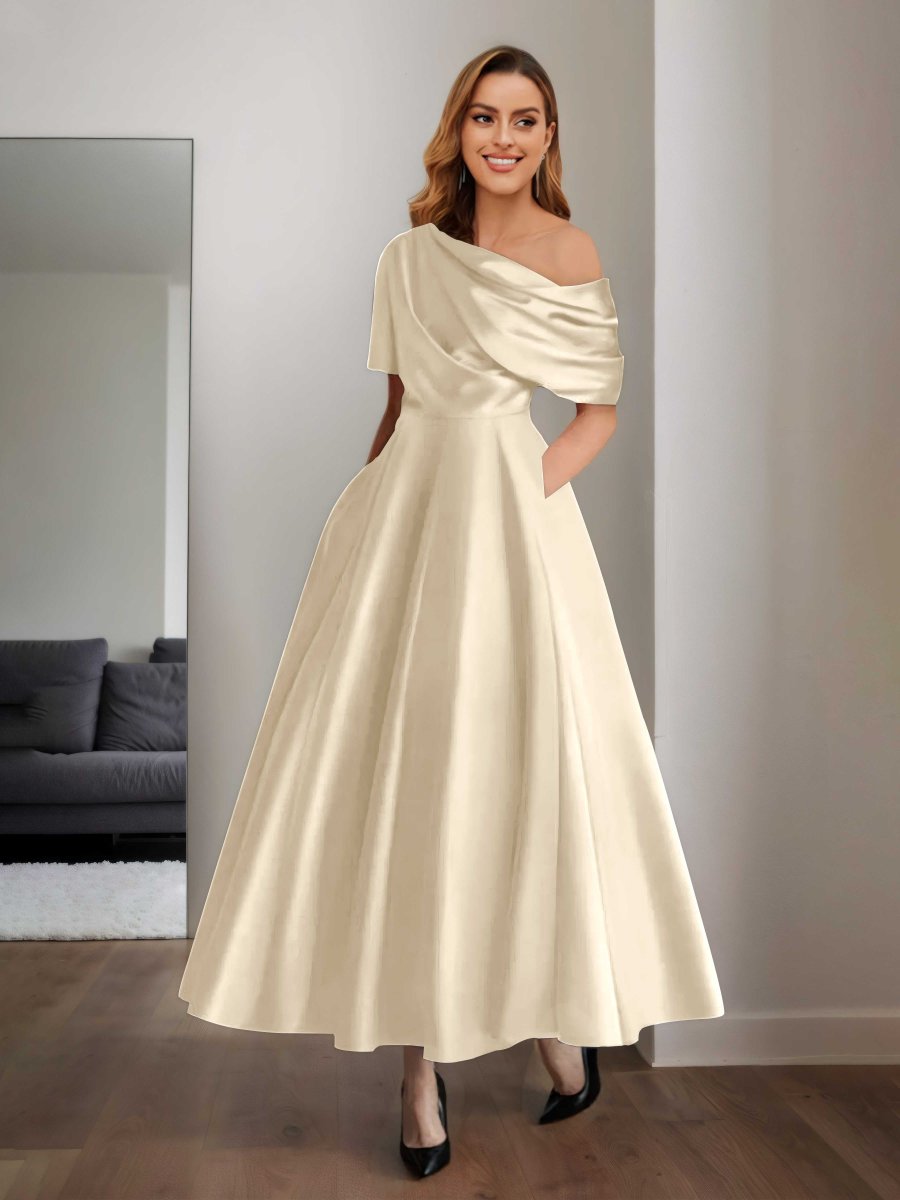 Robes Mère De La Mariée En Satin À Une Épaule Poches Jazmin – Image 9