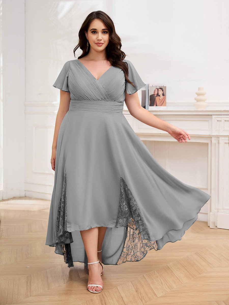 Robes Mère De La Mariée Grande Taille En Mousseline À Dentelle Col V Asymétrique Remy – Image 4