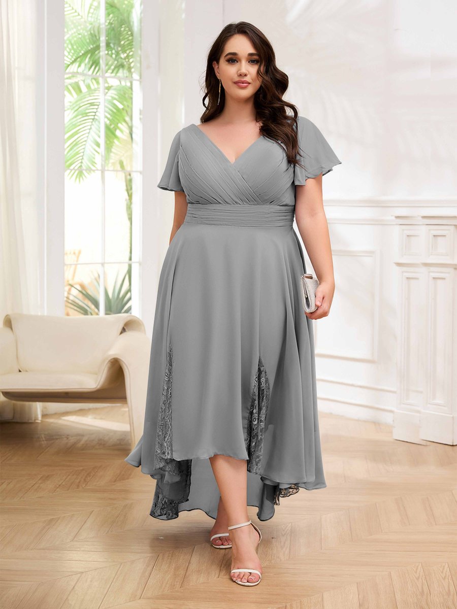 Robes Mère De La Mariée Grande Taille En Mousseline À Dentelle Col V Asymétrique Remy – Image 5