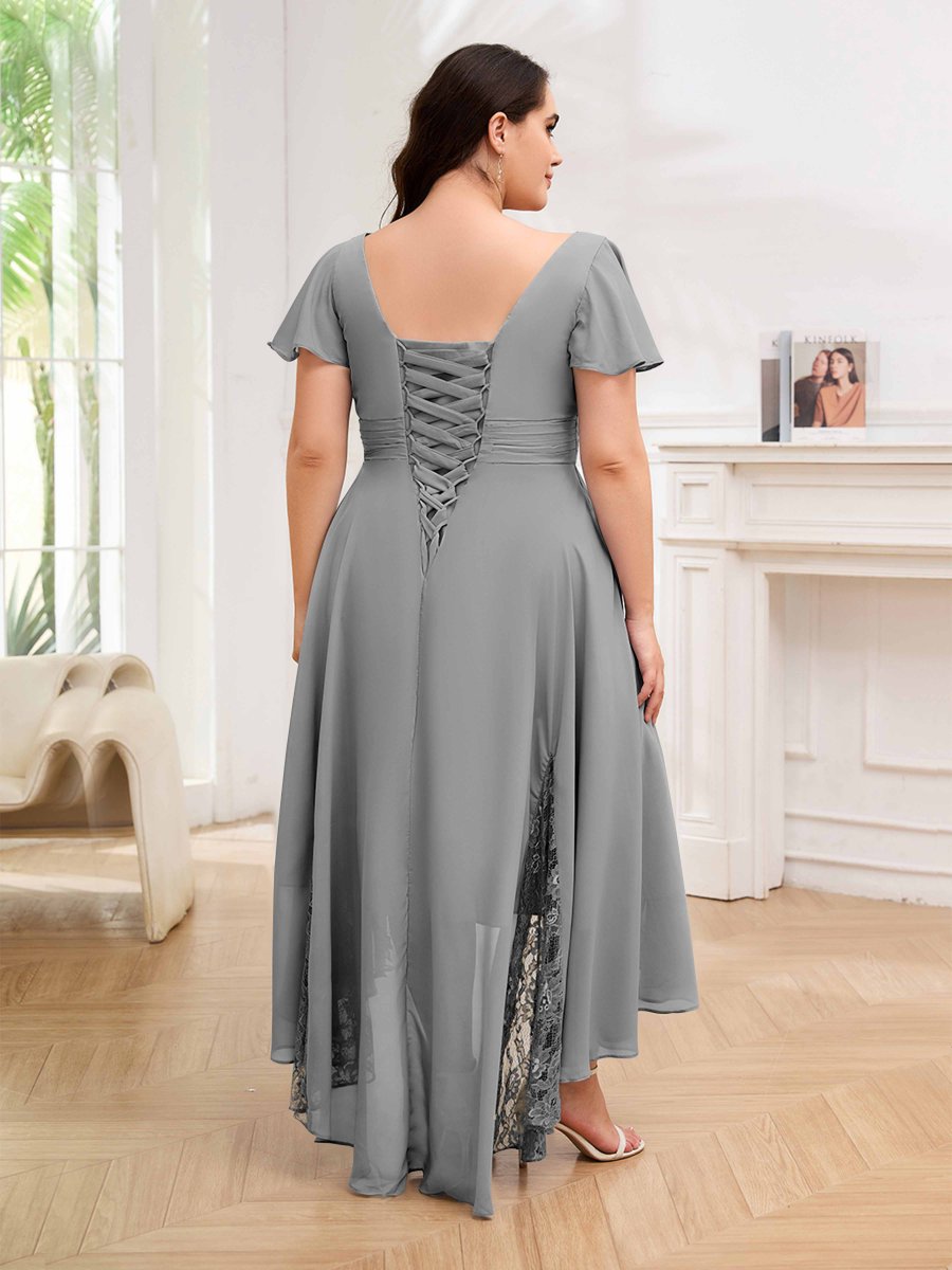 Robes Mère De La Mariée Grande Taille En Mousseline À Dentelle Col V Asymétrique Remy – Image 6
