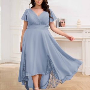 Robes Mère De La Mariée Grande Taille En Mousseline À Dentelle Col V Asymétrique Remy