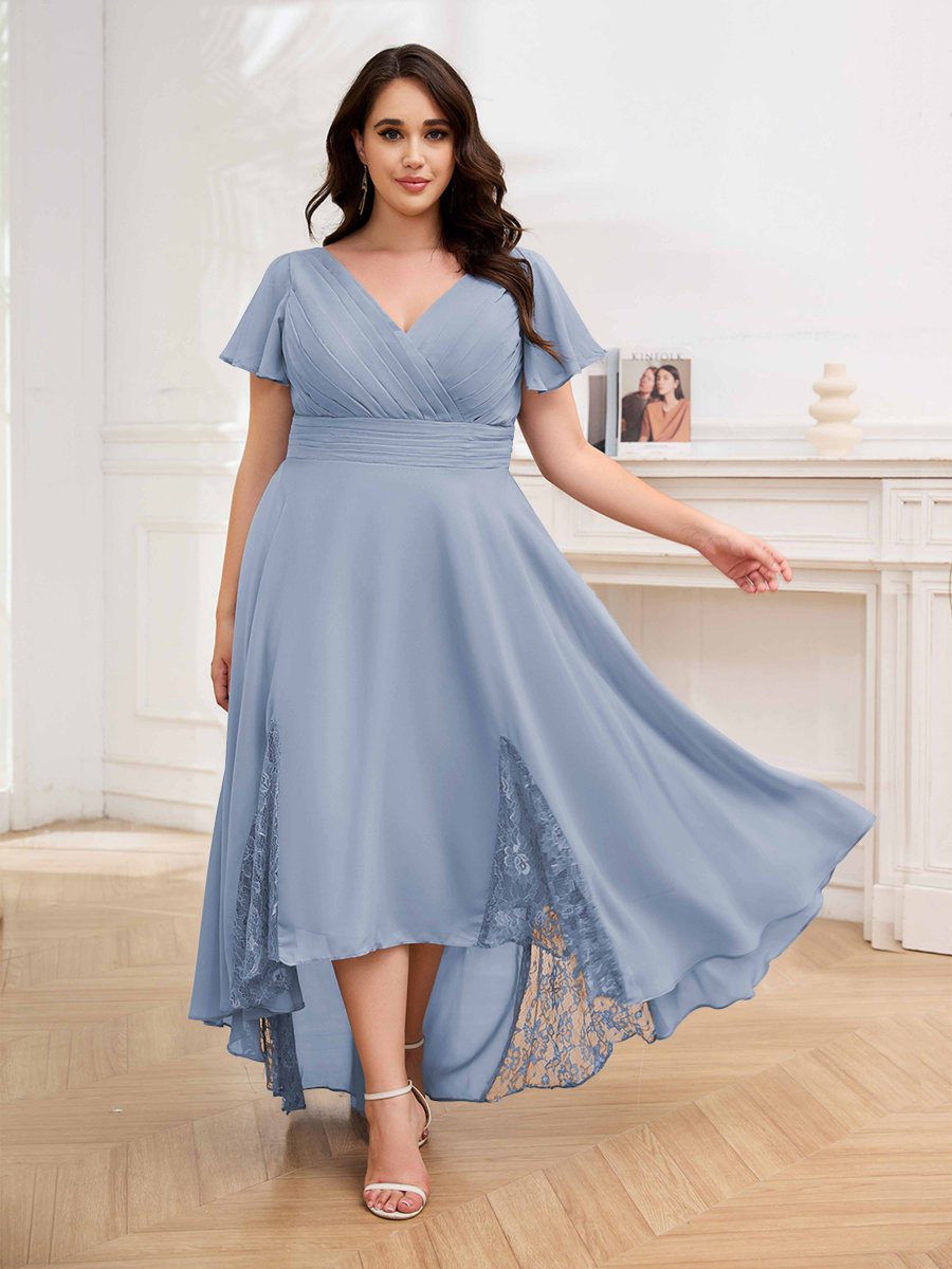 Robes Mère De La Mariée Grande Taille En Mousseline À Dentelle Col V Asymétrique Remy – Image 2