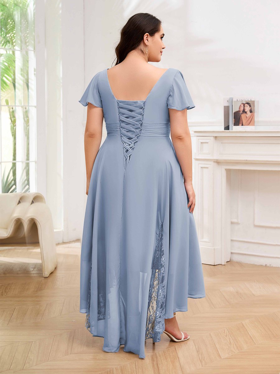 Robes Mère De La Mariée Grande Taille En Mousseline À Dentelle Col V Asymétrique Remy – Image 3