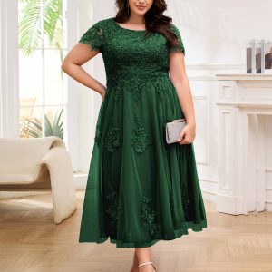 Robes Mère De La Mariée Grande Taille En Tulle Dentelle À Manches Courtes Virginia