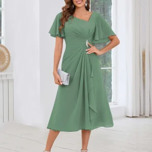 Robes Mère De La Mariée Midi À Ruché Manches Courtes Perles Bonnie