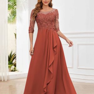 Robes Mère De La Mariée À Illusion Dentelle Appliqués Volants Demi Manches Jenna