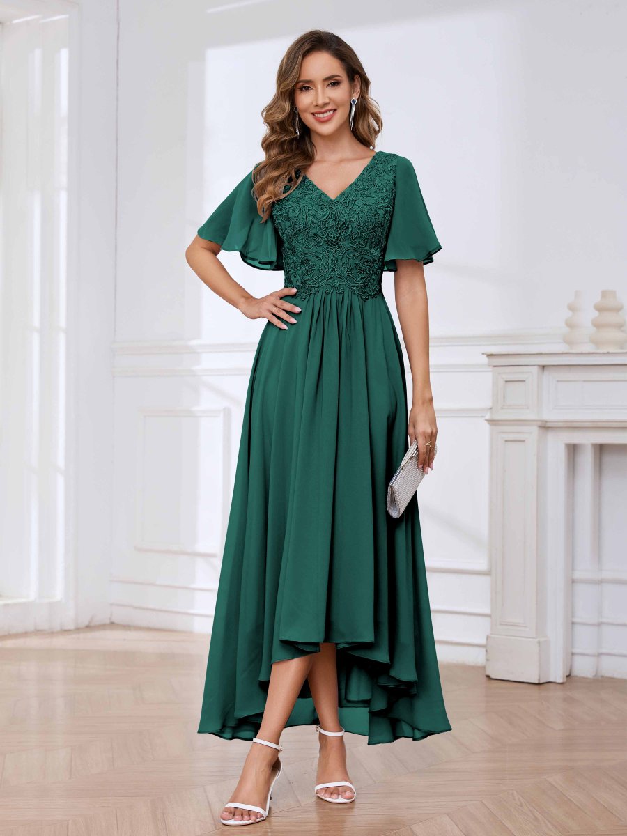 Robes Mère De La Mariée À Dentelle Appliqués Asymétrique À Lacets Abby – Image 2